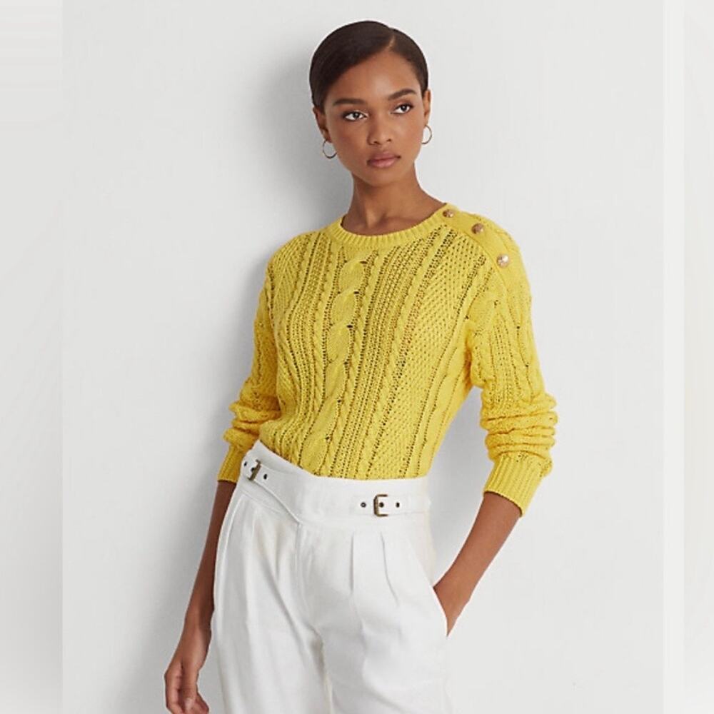 NWOT Ralph Lauren Black Label Aran-Knit Cotton Sweater in "Sunfish Yellow" Sz L - Picture 2 of 10